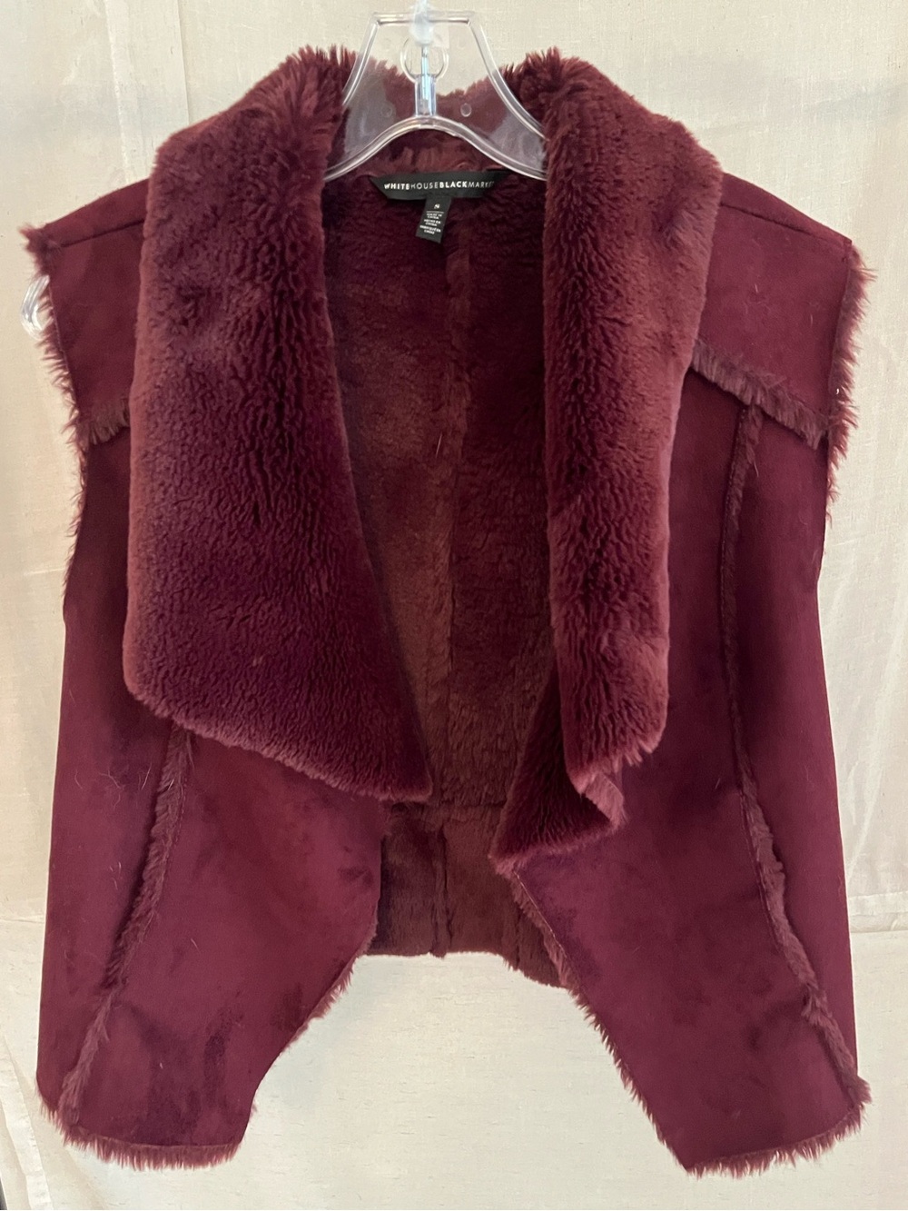 White House Black Market Plush Faux-Shearling Drape Vest in Burgundy